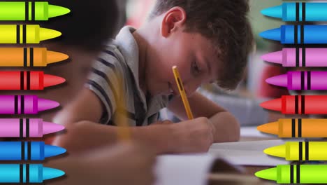 video compuesto digital de lápices de colores contra un niño de escuela estudiando en la escuela