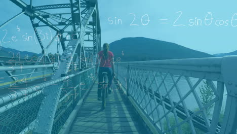 ecuaciones matemáticas contra la mujer en bicicleta en monociclo en el puente
