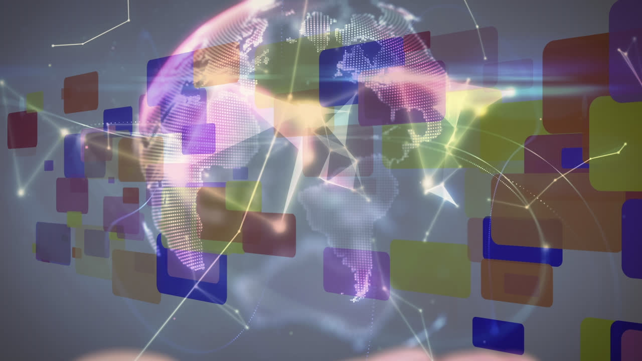 다채로운 직사각형과 함께 색 배경에 손에 다양한 모양과 지구의 애니메이션