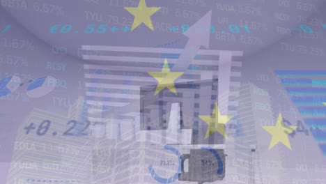 animation of financial data processing over euro flag stars