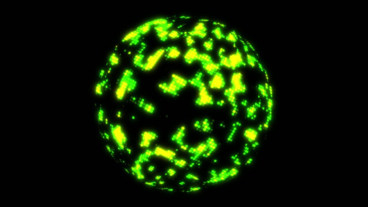 Abstract Digital Sphere with Pulsating Green and Yellow Pixels