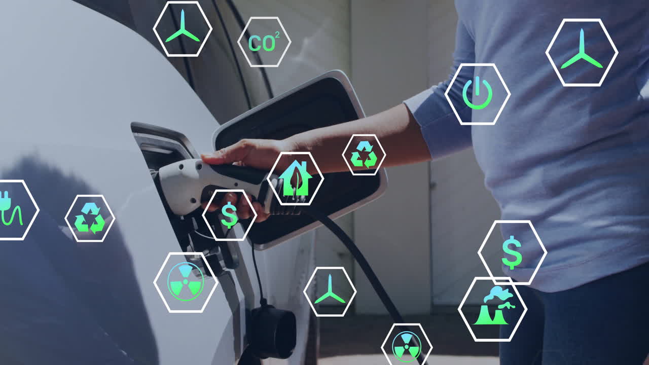 전기 자동차를 충전하는 백인 남성 위에 생태학 아이콘의 애니메이션