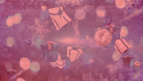 Schneeflocken,-Weihnachtskugeln-Und-Geschenksymbole-Vor-Lichtflecken-Vor-Blauem-Hintergrund