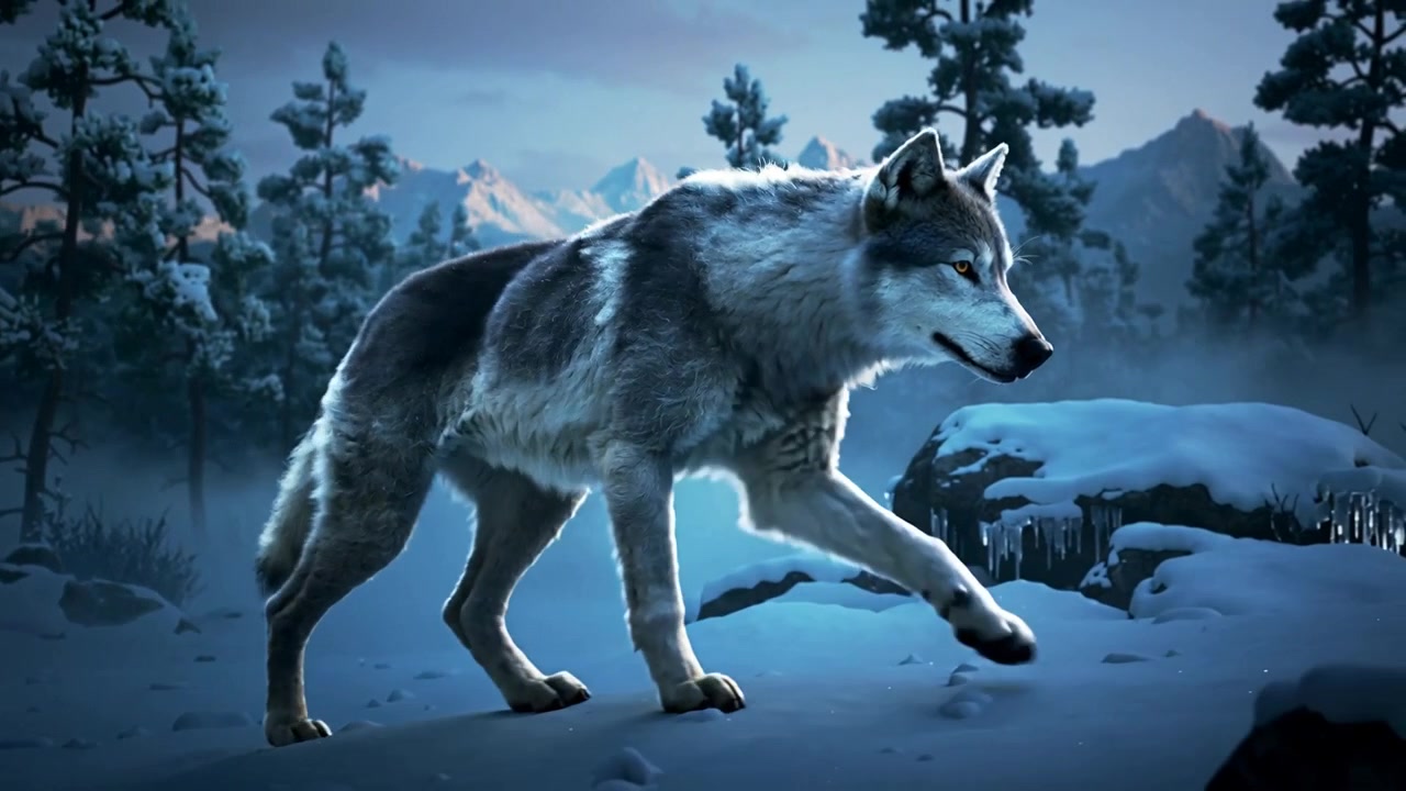 Scanning adult gray wolf moving steadily across snowy ridge, passing icicle-topped rock and pines