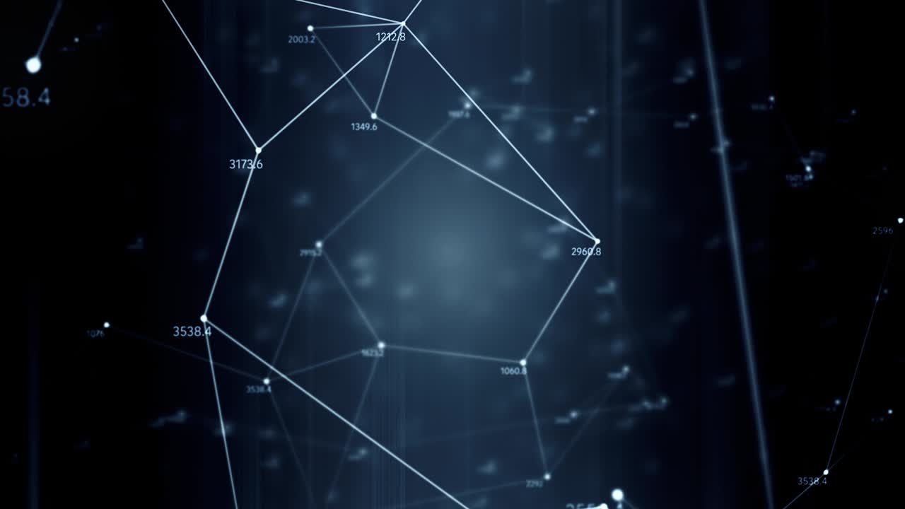 Abstract computer generated seamless loop, geometrical motion from chaotic slow moving dots lines triangles random numbers background.