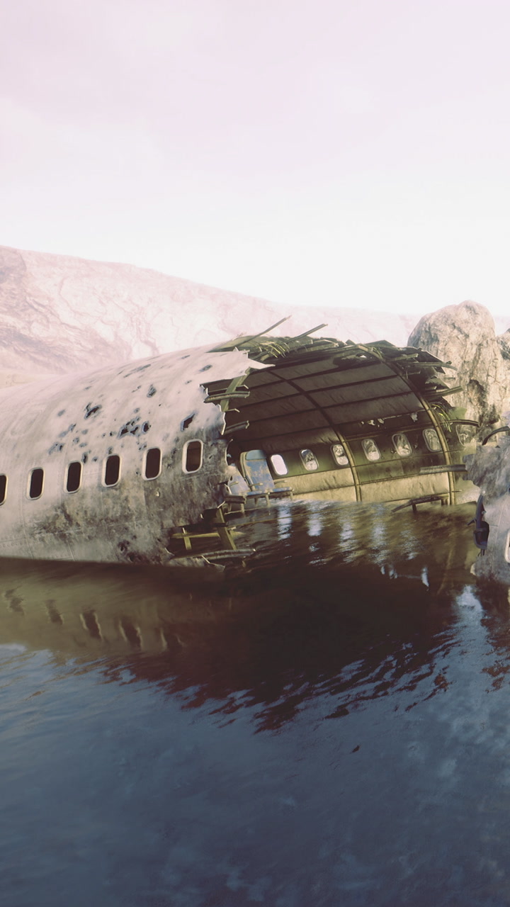 Wrecked airplane below a mountain under cloudy sky during sunset near water