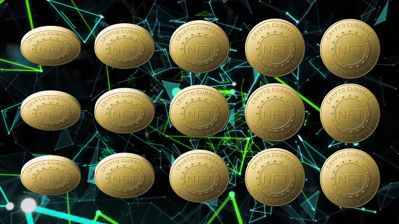 황금 동전과 어두운 배경의 연결 네트워크에 대한 nft 텍스트의 애니메이션