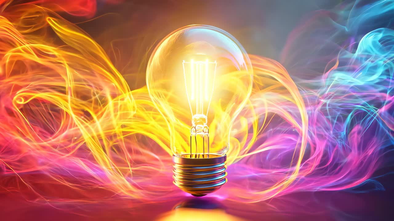 A light bulb is lit up in a colorful background. The light bulb is the main focus of the image, and the colors of the background create a vibrant and energetic mood