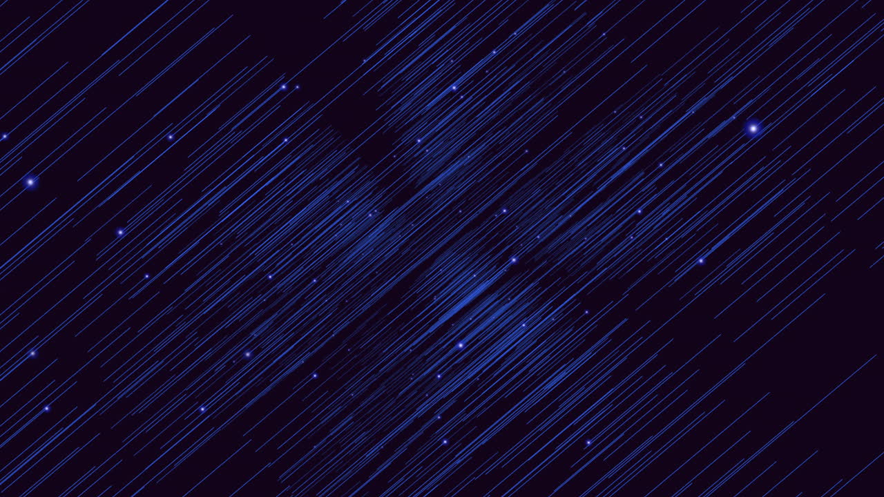 Abstract diagonal blue light streaks and glowing stars move across a dark night sky background, creating a futuristic motion effect ideal for technology, sci fi, space or digital themed video projects