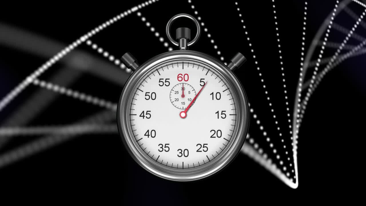 검은색 배경에 dna 가닥 위로 이동하는 타이머의 애니메이션