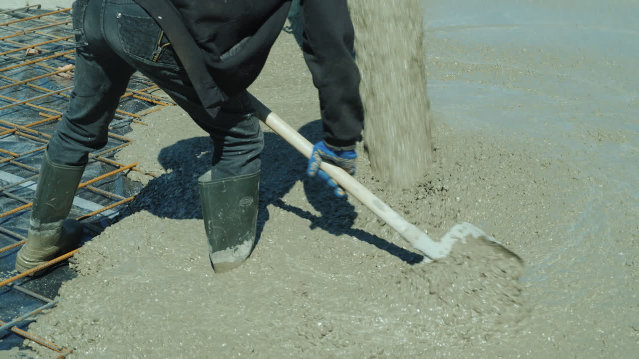작업자가 믹서에서 건물 콘크리트 흐름에 콘크리트 바닥을 붓고 수동으로 수평을 맞춥니다.