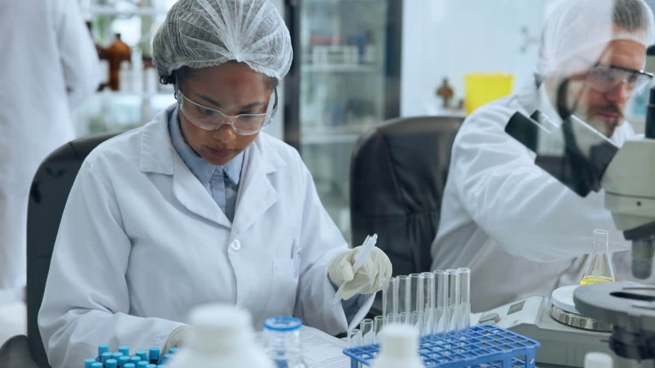 Une scientifique travaillant avec des éprouvettes dans un laboratoire