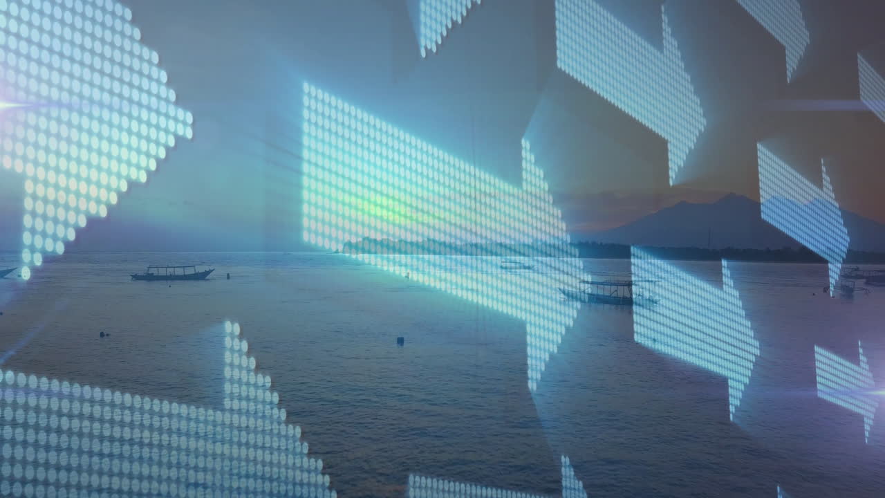 Digital arrows animating over serene ocean landscape during sunset scene