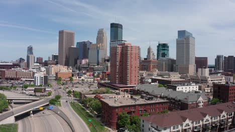 rising aerial shot of downtown minneapolis, minnesota. 4k