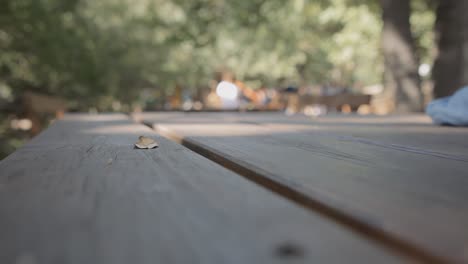 un día tranquilo en el parque, mirando a la multitud distante y borrosa desde una mesa de madera