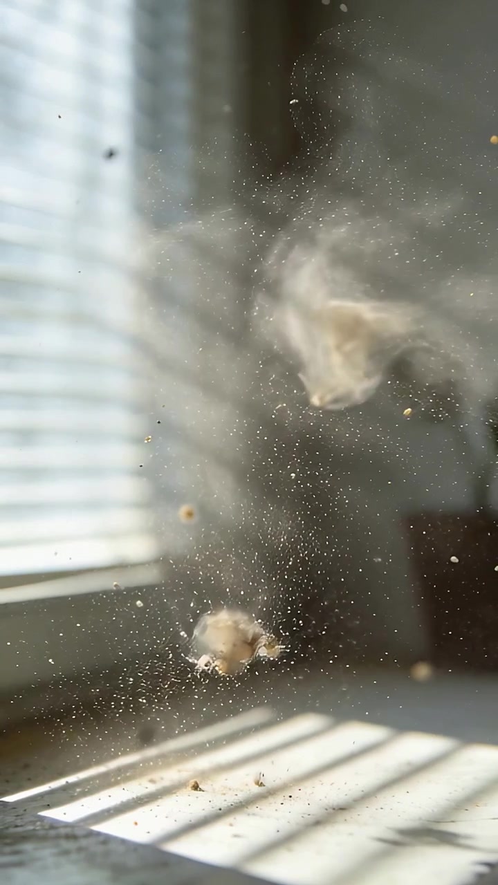 Vertical video: Falling dust clump shedding dust past blinds by gravity, settling on table in sun
