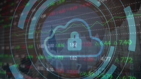 animation of security padlock and cloud icon against stock market data processing and cityscape