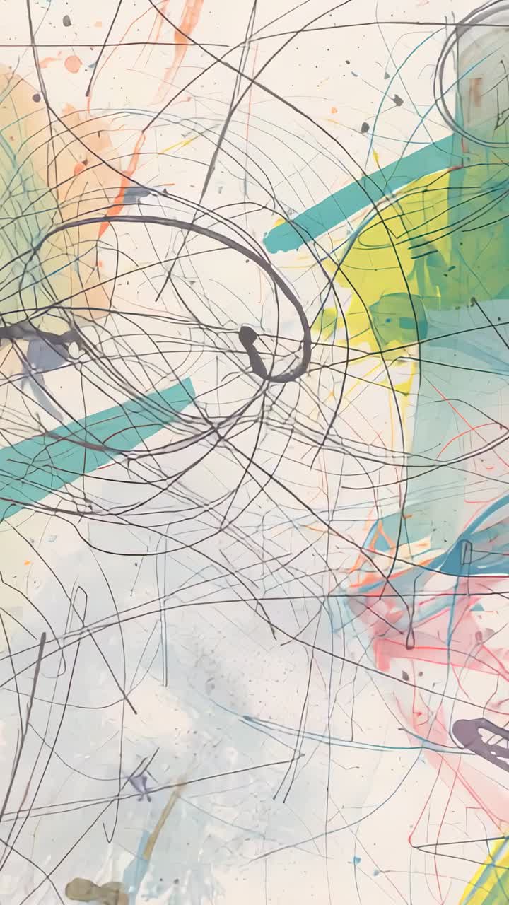 Vertical video: Opening camera panning abstract canvas in studio, with black lines and teal stripe