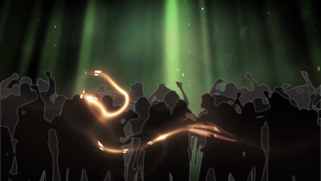 silhouetted crowd dancing under green light beams with glowing particles and golden light swirl