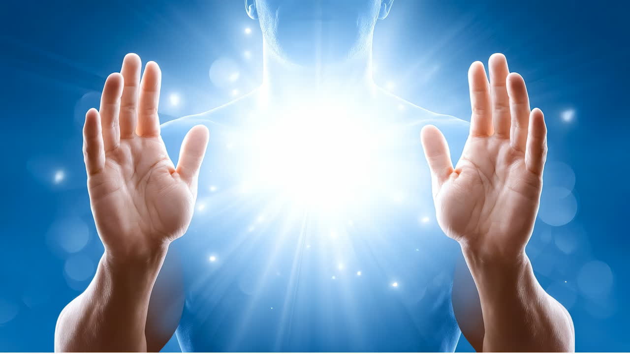 Man with hands raised in bright light. A man stands with hands lifted as a bright light shines from his chest, surrounded by blue particles