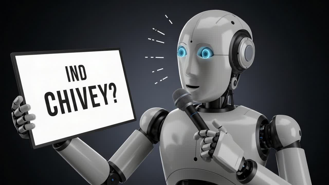 Un robot futuristico che interagisce con un pubblico mentre tiene un cartello con la domanda 'Indo Chivey?' in un ambiente moderno e high-tech