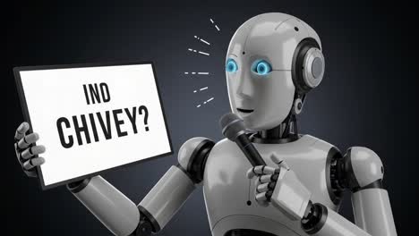 a futuristic robot engaging with an audience while holding a sign asking 'indo chivey?' in a modern, high-tech setting