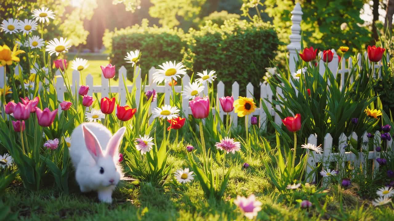A vibrant garden scene with a rabbit in mid-hop, captured at eye level