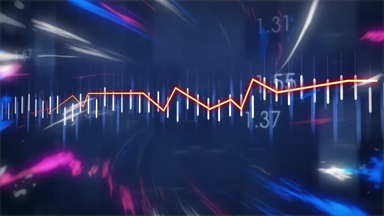 Streaks swirling initiating orange waveform tracing peaks on white bar array visualizing data