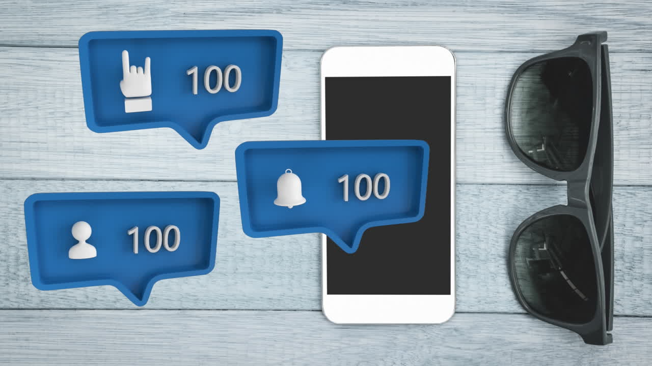 애니메이션 파란색 음성 거품과 0에서 100의 숫자를 가진 전화기 위의 기호입니다.