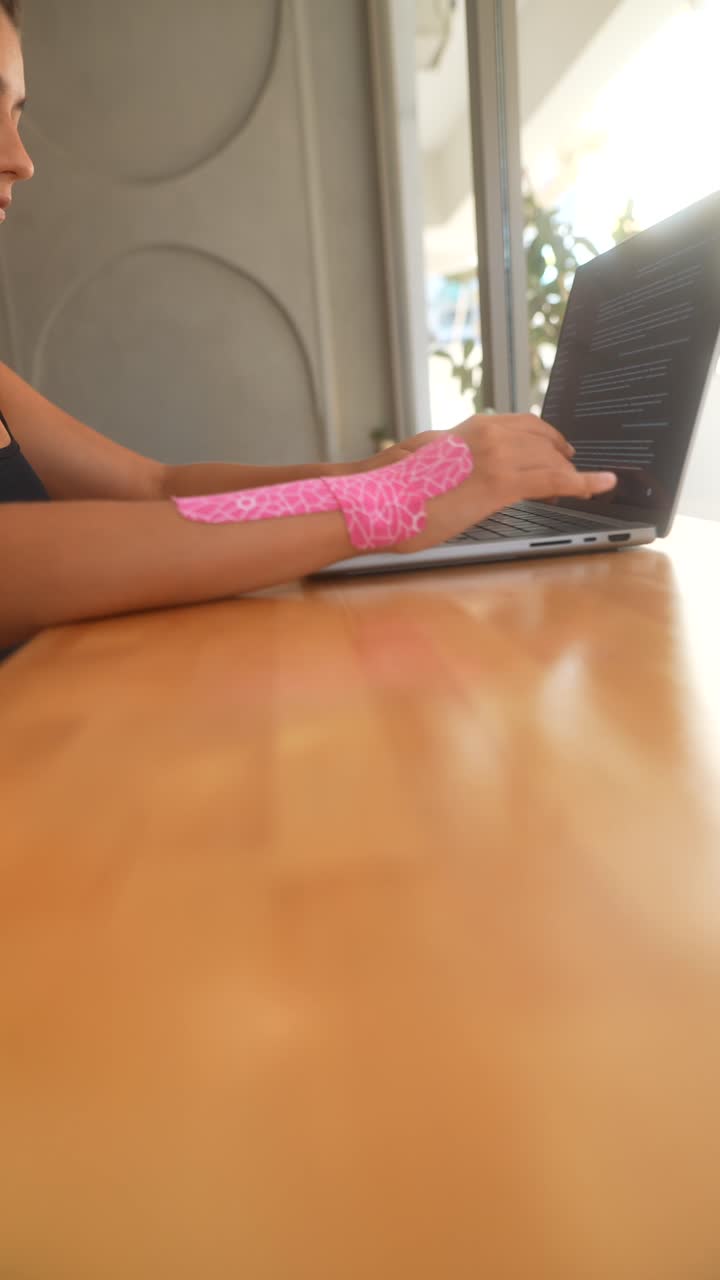 mujer joven trabajando en una computadora portátil en un café con apoyo de muñeca