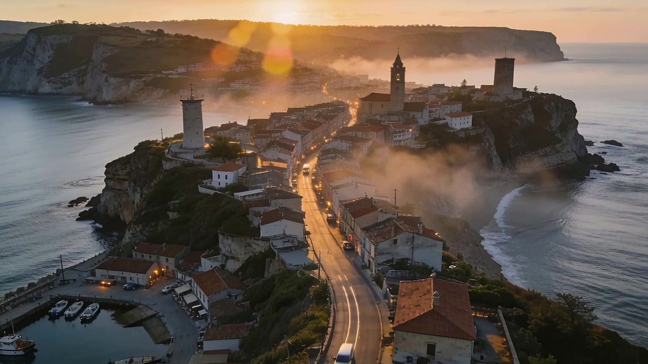 Drone che segue e filma una strada costiera tortuosa al tramonto, con il sole che scende causando un bagliore dell'obiettivo sul porto