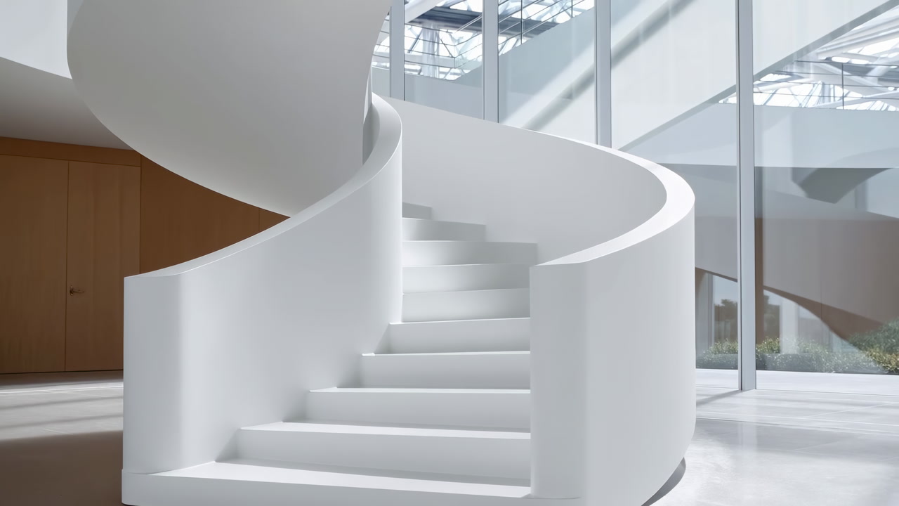 Minimalist White Spiral Staircase In Atrium Flooded With Natural Light, Sleek Curved Balustrade Framing Rising