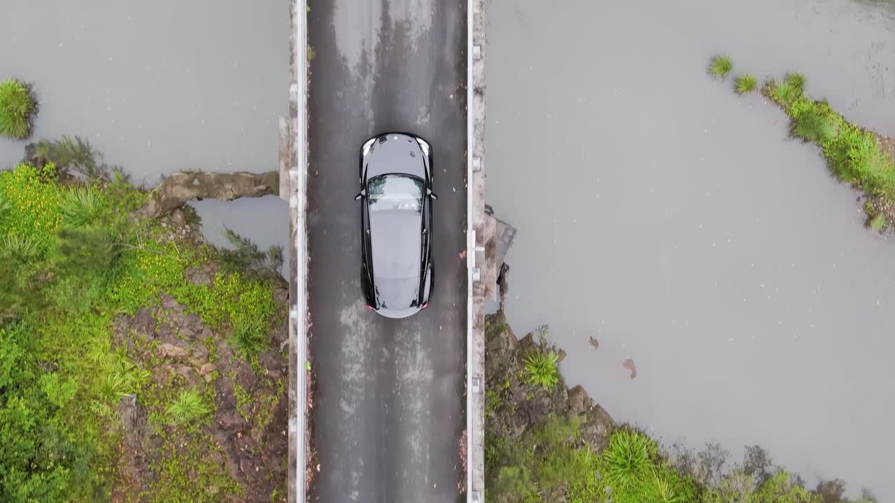 자동차는 울창한 숲에서 다리를 건너고 있습니다.