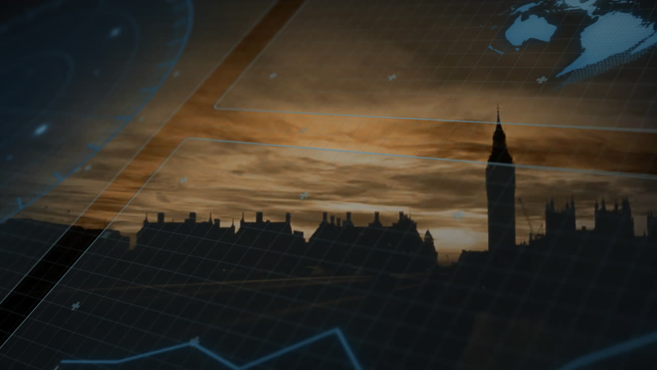 Elizabeth Tower standing against sunset skyline, showing translucent blue digital grid and charts