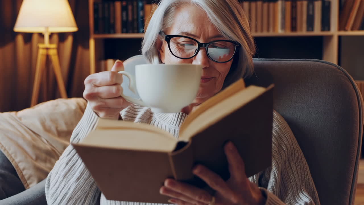 Ältere Frau liest ein Buch und genießt ein heißes Getränk in gemütlicher Atmosphäre
