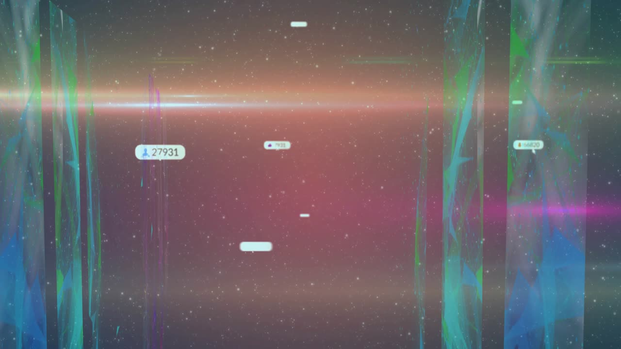 Notification bubbles appearing, growing, drifting after horizontal glow pulsing, showing data flow