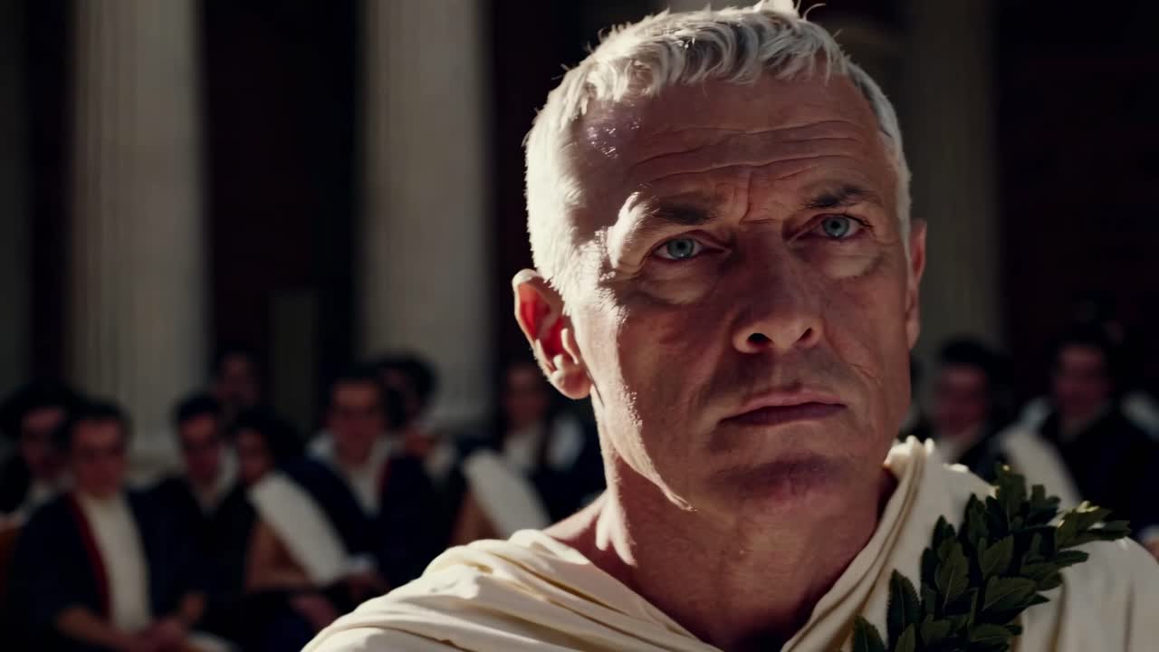Close-up shot of a man in Roman attire, conveying a historical drama concept