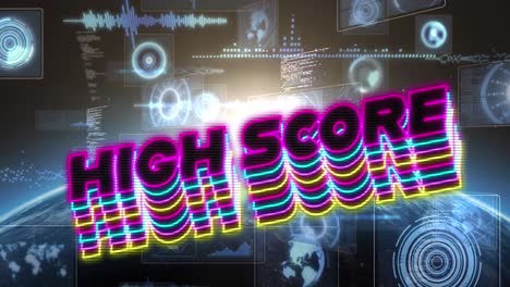 Animation-Der-High-Score-Text--Und-Datenverarbeitung-Mit-Globus-Auf-Schwarzem-Hintergrund