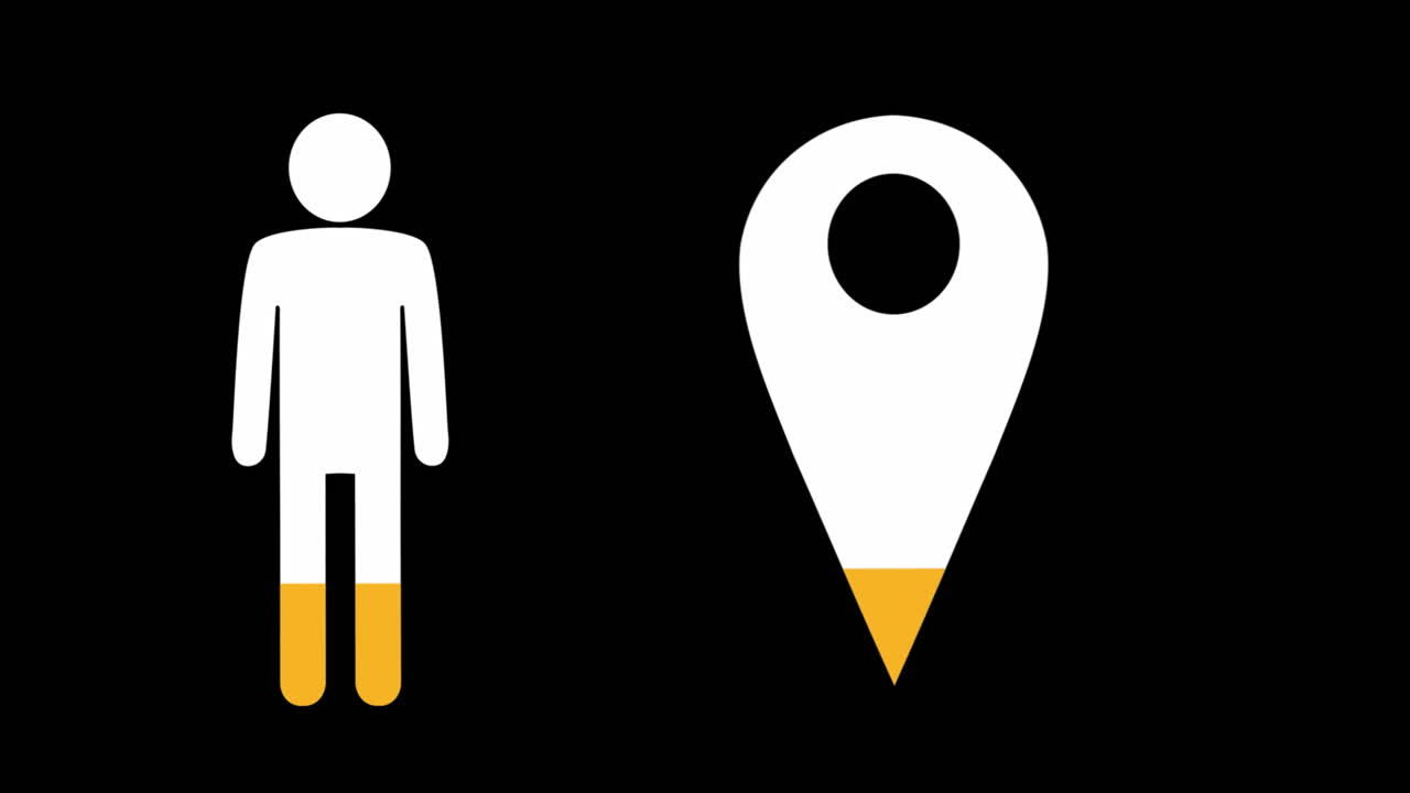 animación de persona blanca y icono de localizador de pin del mapa llenando en naranja