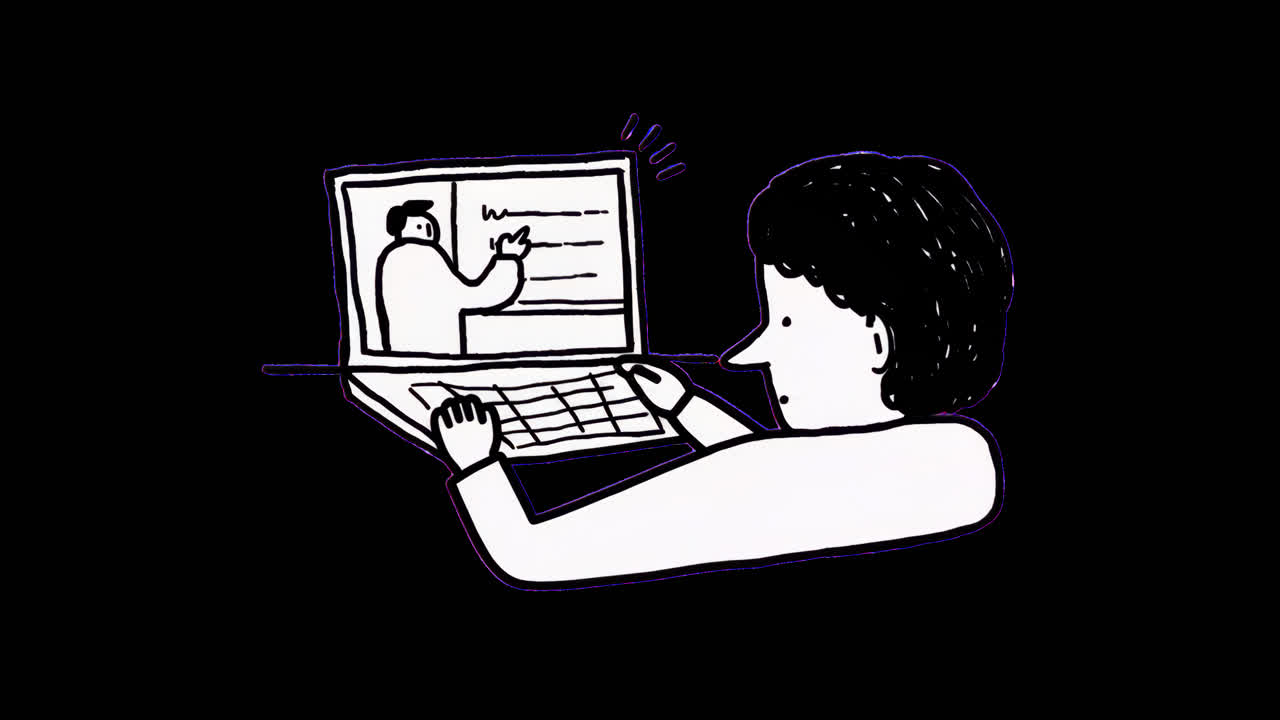 Man learning online on laptop animation isolated asset, transparent 4K video, alpha channel, ProRes