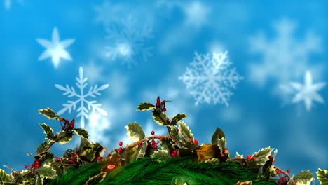 corona de acebo de navidad con copos de nieve de navidad