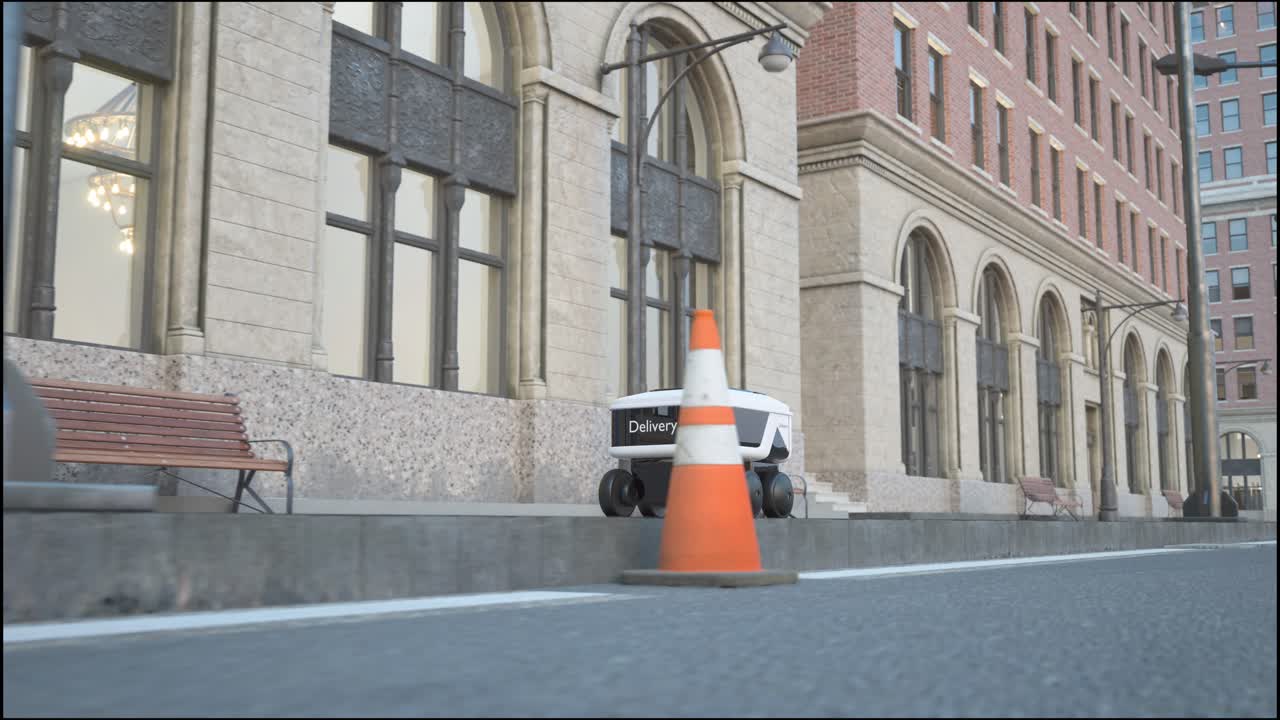 도시 거리에서 운전하는 자동 배달 로 서비스: 현대적인 스마트 무선 로은 고객에게 상품이나 음식을 배달합니다.