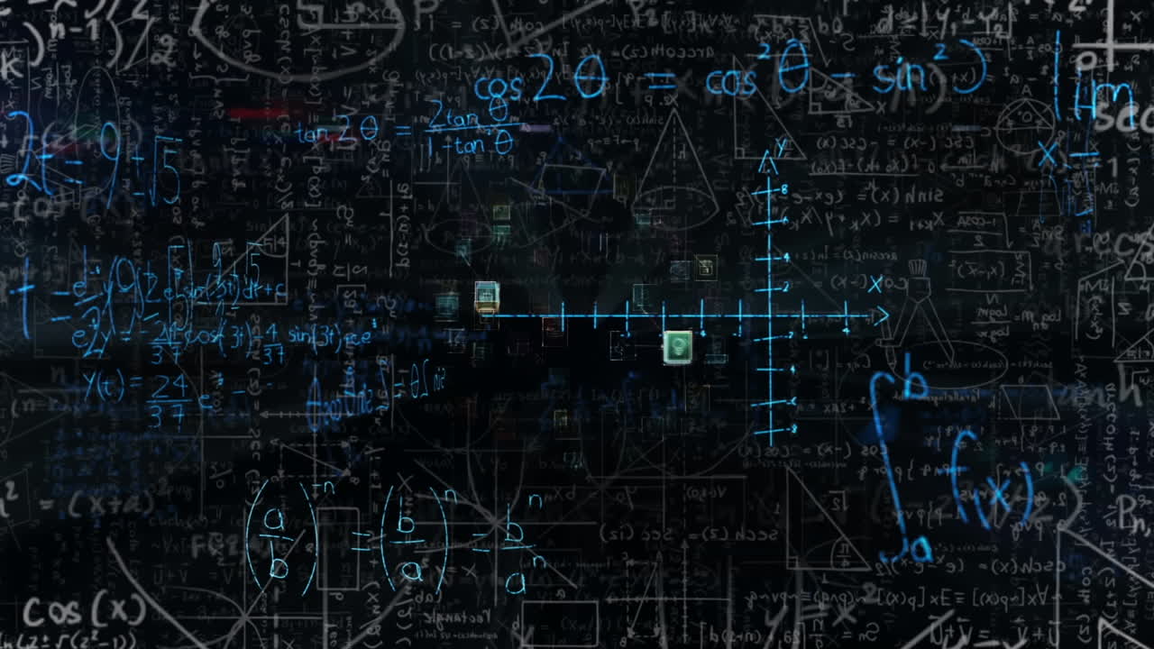 Animation of network of connections and mathematical equations over black background