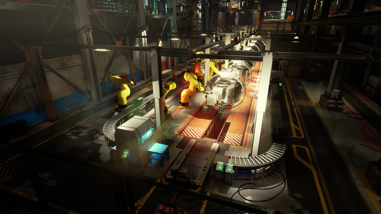 View of a machine building conveyor system in a modern factory at night