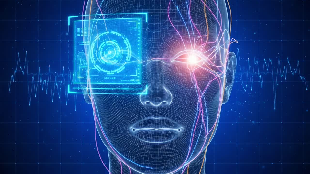 A futuristic digital representation of a human face with advanced technology overlay, showcasing intricate neural pathways and luminous eye elements on a blue grid background