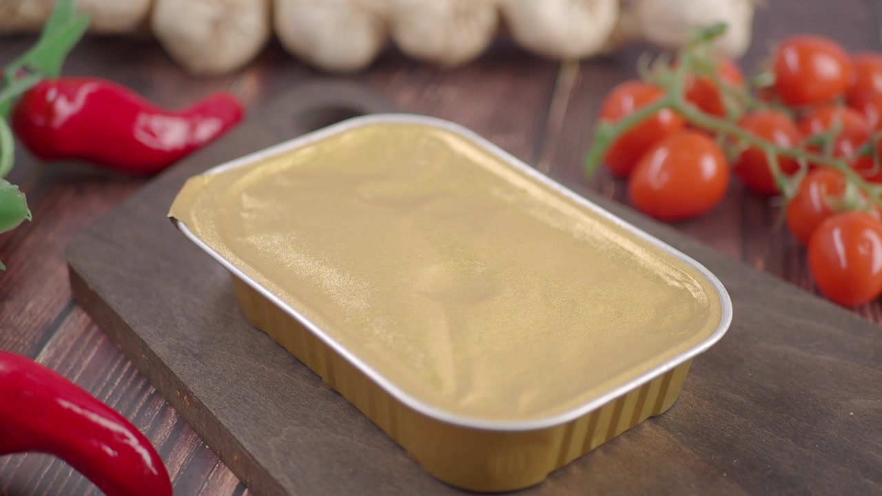 Contenitore alimentare sigillato dorato su tagliere di legno con ingredienti freschi.