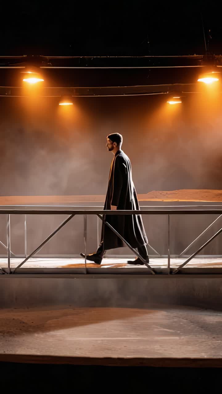 Uma figura solitária faz uma entrada impactante, capturada em iluminação dramática em uma estrutura semelhante a uma ponte, simbolizando uma jornada através da sombra e da luz