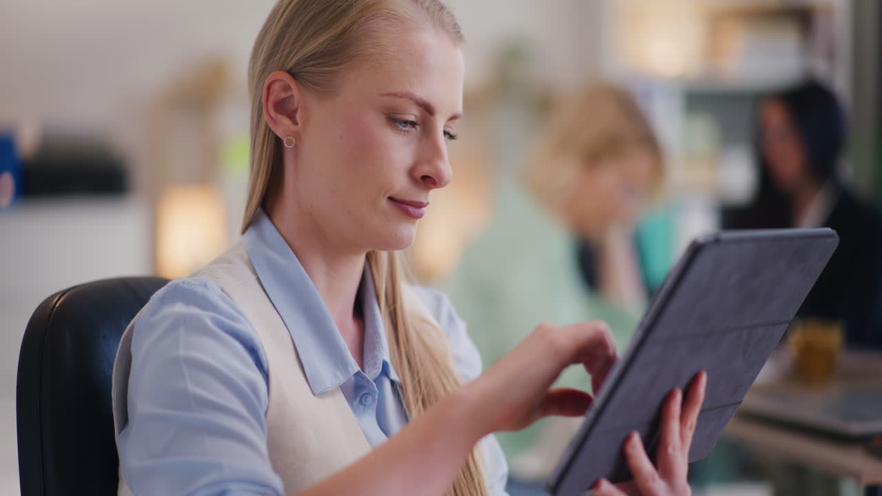 Positive Woman Checking Bank Balance on Digital Tablet