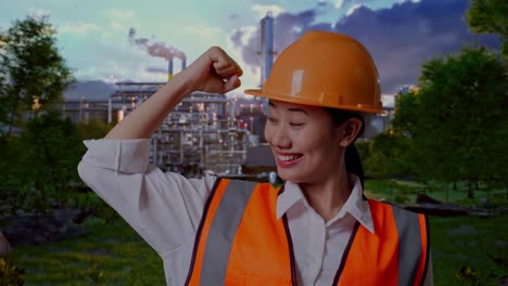 close up of asian female engineer with safety helmet flexing her bicep and smiling to camera while standing in front of oil refinery