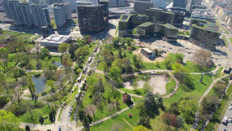 drone flight over vienna austria main station business district, sonnwendviertel and swiss garden park